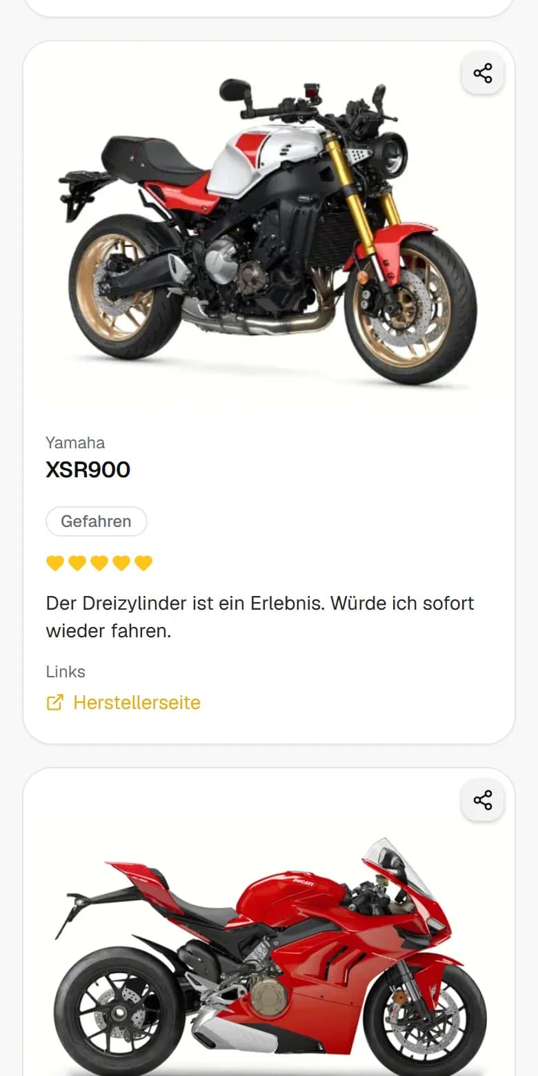 Eine BikeDex-Karte: Yamaha XSR900, gefahren, mit fünf Herzen, eigener Notiz und einem Link