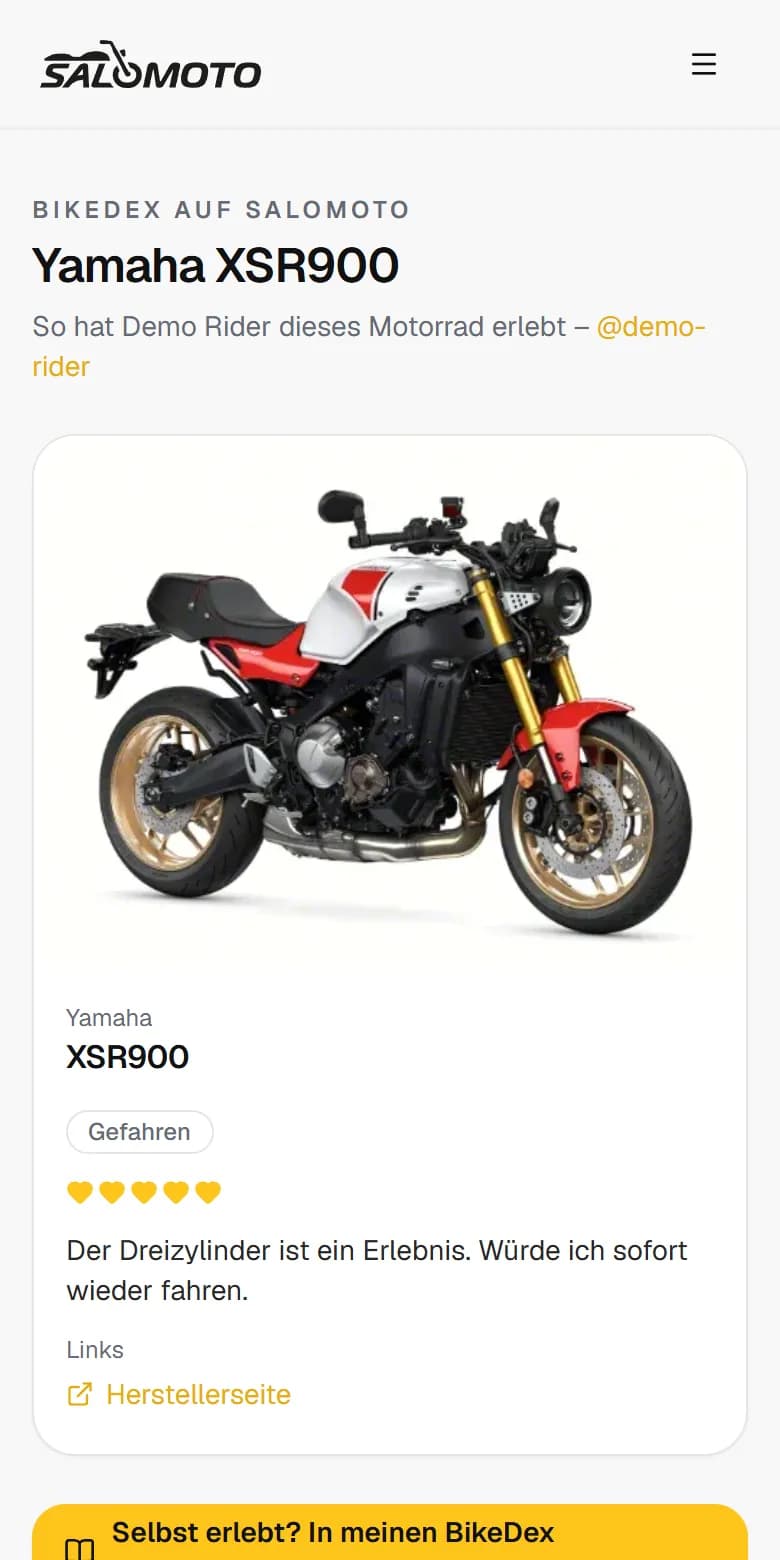 Eine geteilte BikeDex-Karte im Browser, mit dem Angebot, die eigene Erfahrung einzutragen