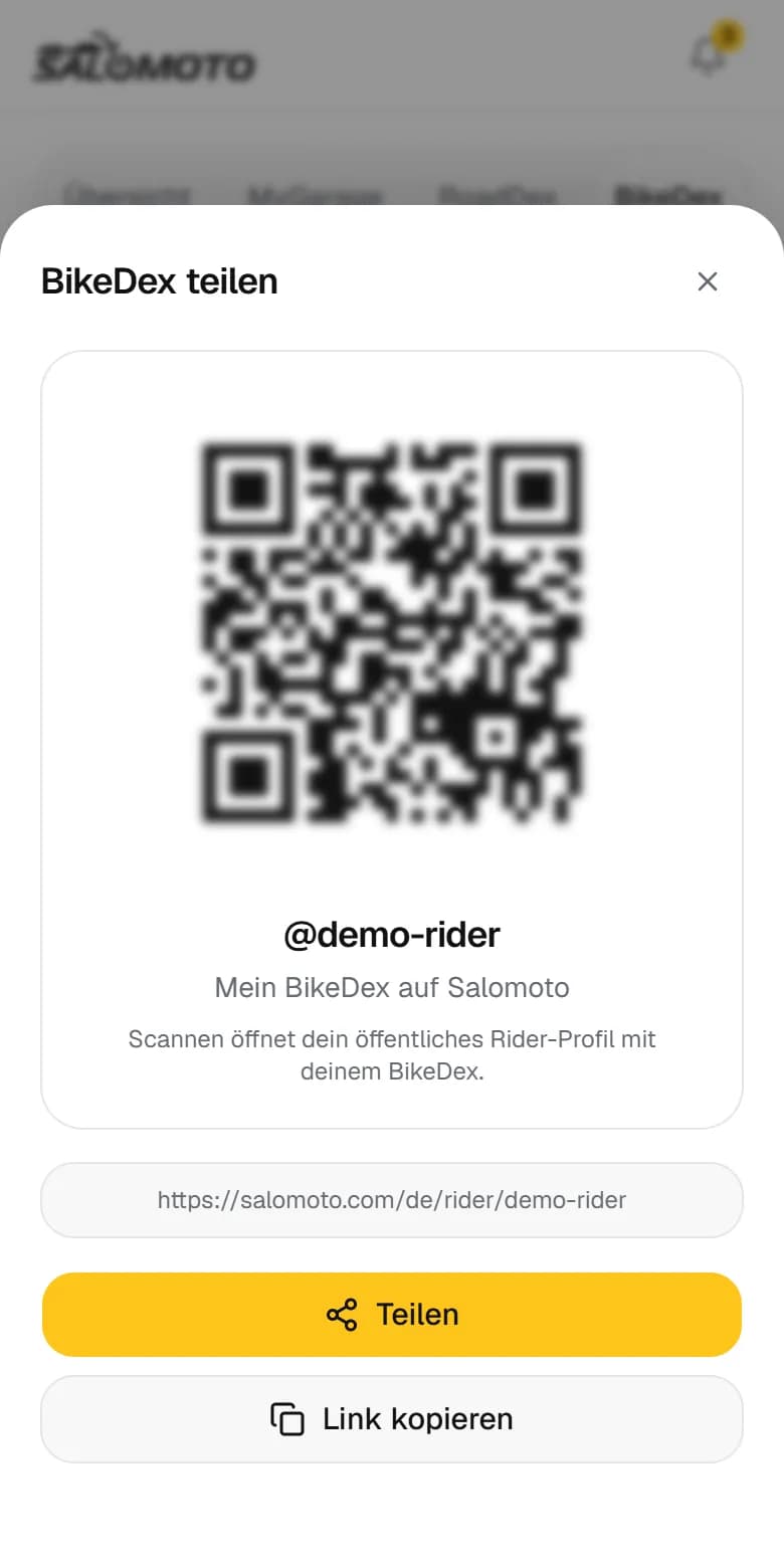 BikeDex teilen: QR-Code und Link zum Rider-Profil