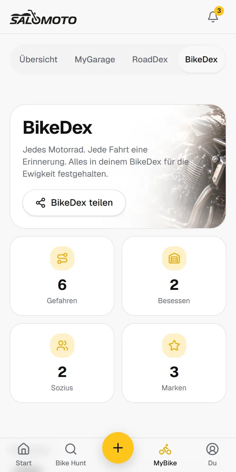 Der BikeDex in der App: gefahrene, besessene und als Sozius erlebte Motorräder und die Zahl der Marken