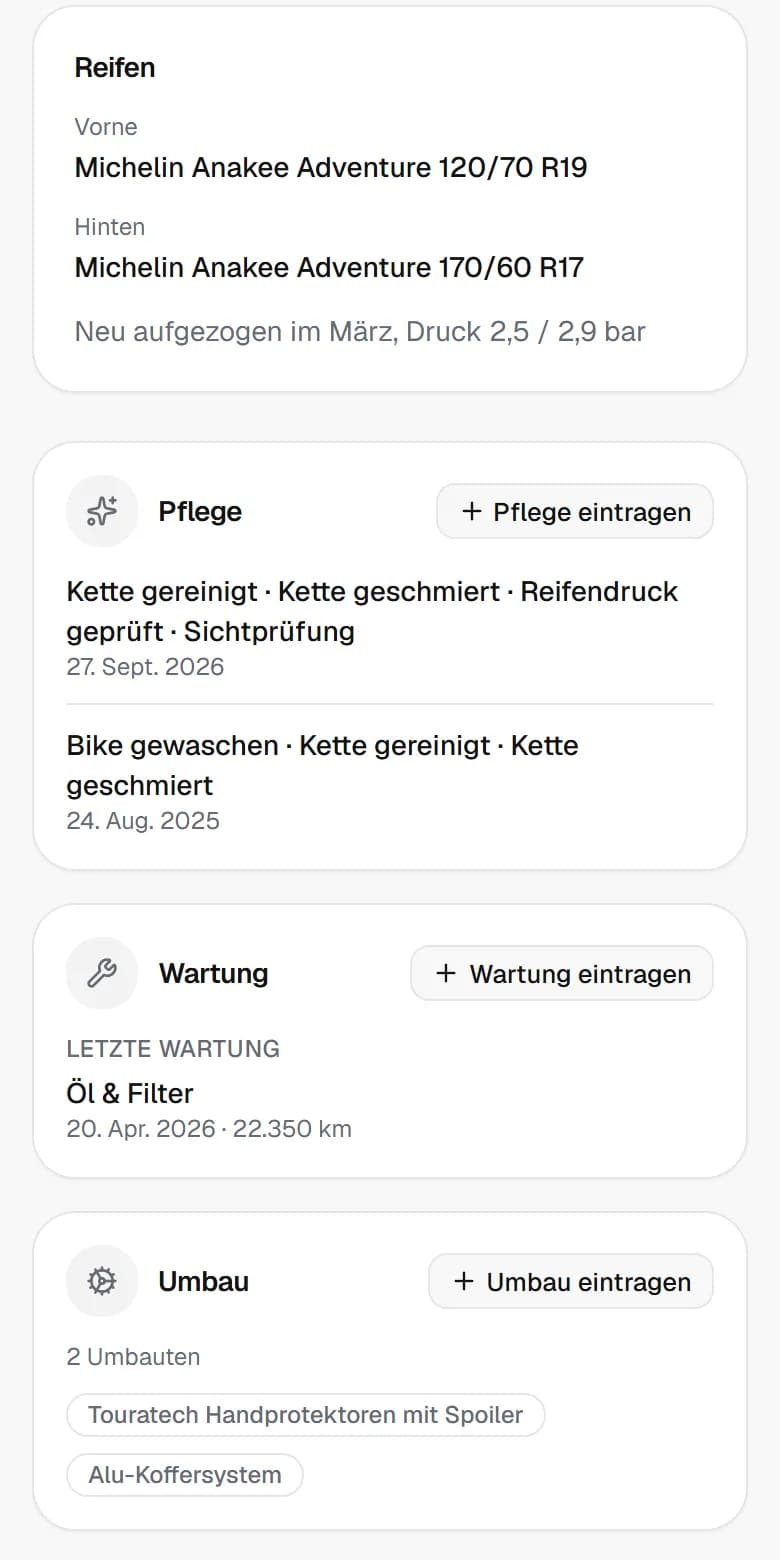 Reifen, Pflege, Wartung und Umbauten eines Motorrads in MyBike, jeweils mit den letzten Einträgen