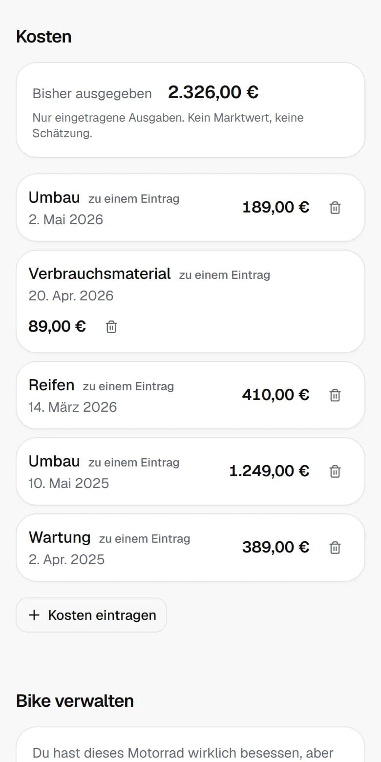 Die Kosten eines Motorrads in MyBike: Summe der eingetragenen Ausgaben und die einzelnen Posten