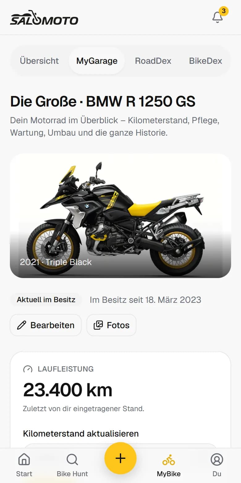 MyBike in der App: eine BMW R 1250 GS mit Baujahr, Farbe und aktuellem Kilometerstand