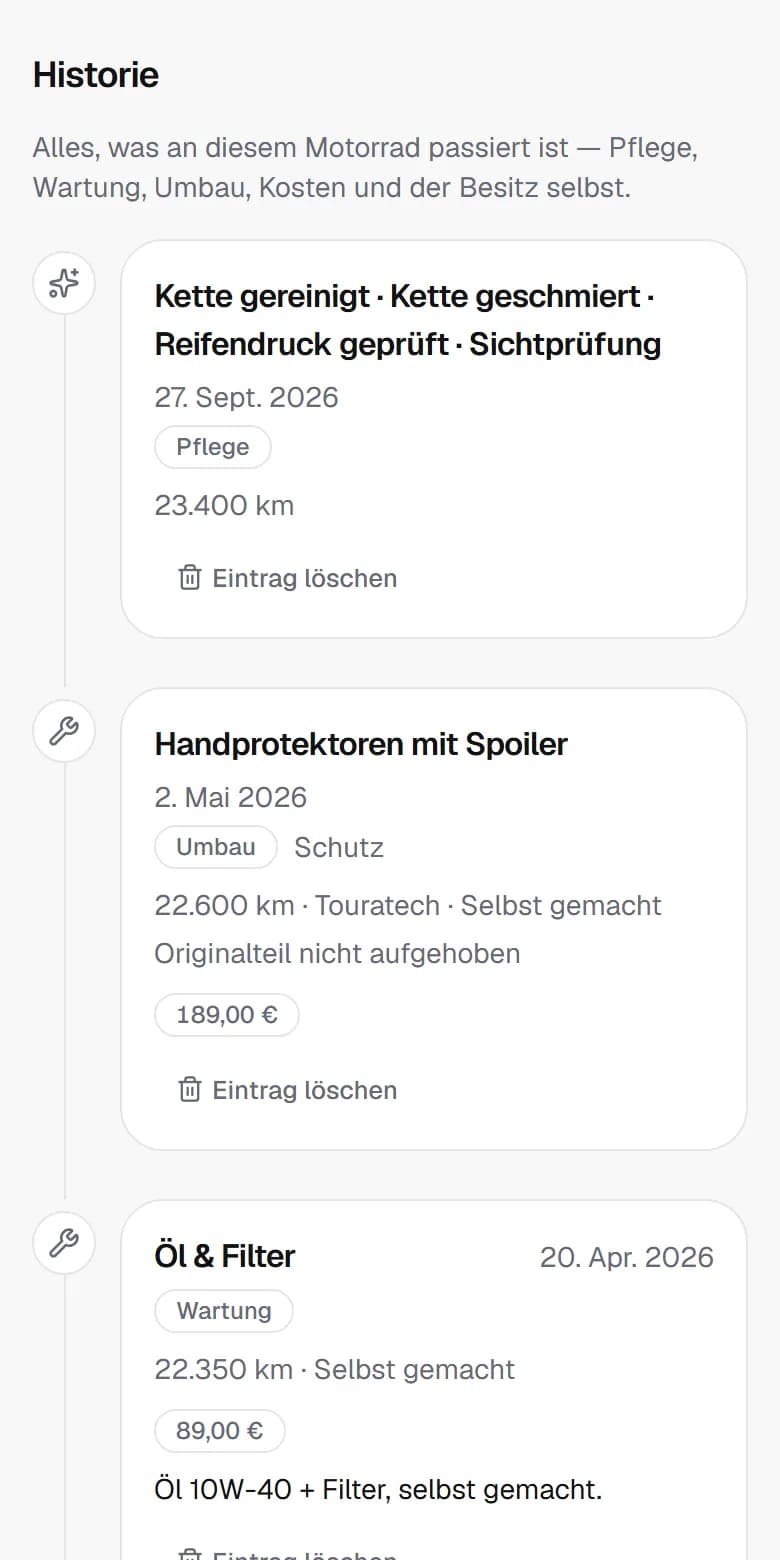 Die Historie eines Motorrads: Pflege, Umbau und Wartung als Chronik mit Datum, Kilometerstand und Kosten