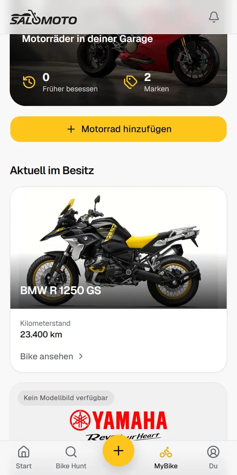 MyGarage: eine BMW R 1250 GS mit Katalogfoto und eine Yamaha Ténéré 700 mit Herstellerlogo, dazu der Kilometerstand