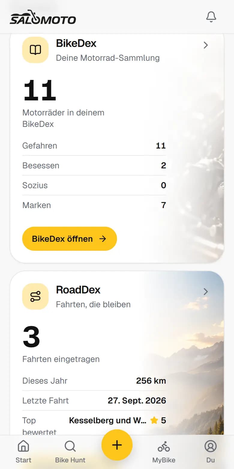 Das Profil-Dashboard auf dem Handy: BikeDex, RoadDex, Garage und Bike Hunt im Überblick
