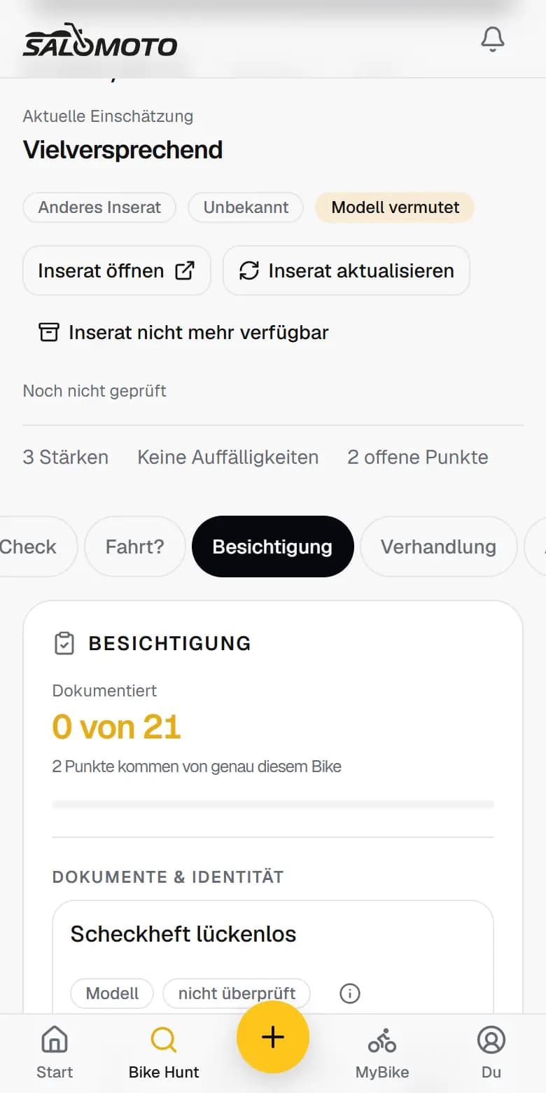 Besichtigungs-Checkliste mit Prüfpunkten, Hinweisen und abgehakten Punkten