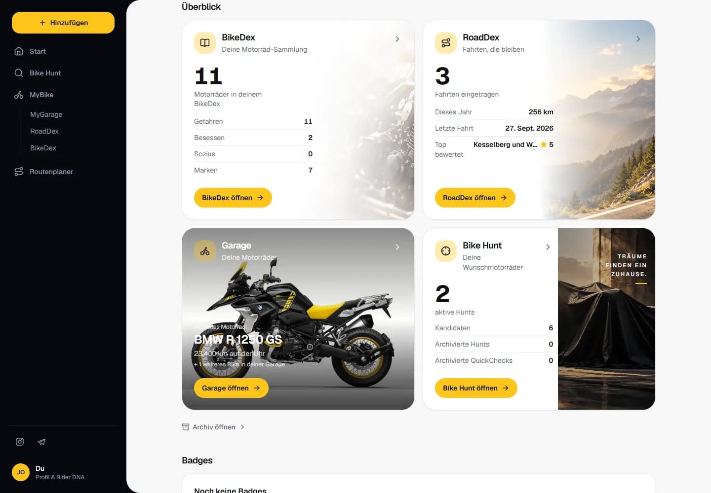 Das Profil-Dashboard am Rechner: BikeDex, RoadDex, Garage und Bike Hunt als vier Kacheln