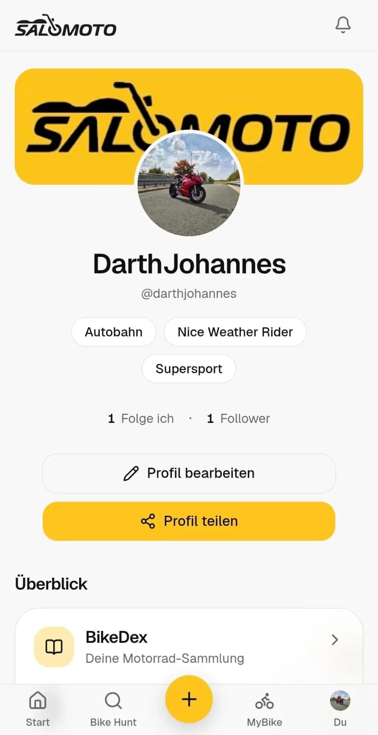 Ein Rider-Profil in Salomoto: Profilbild, Fahrertypen, Follower und der Knopf zum Teilen