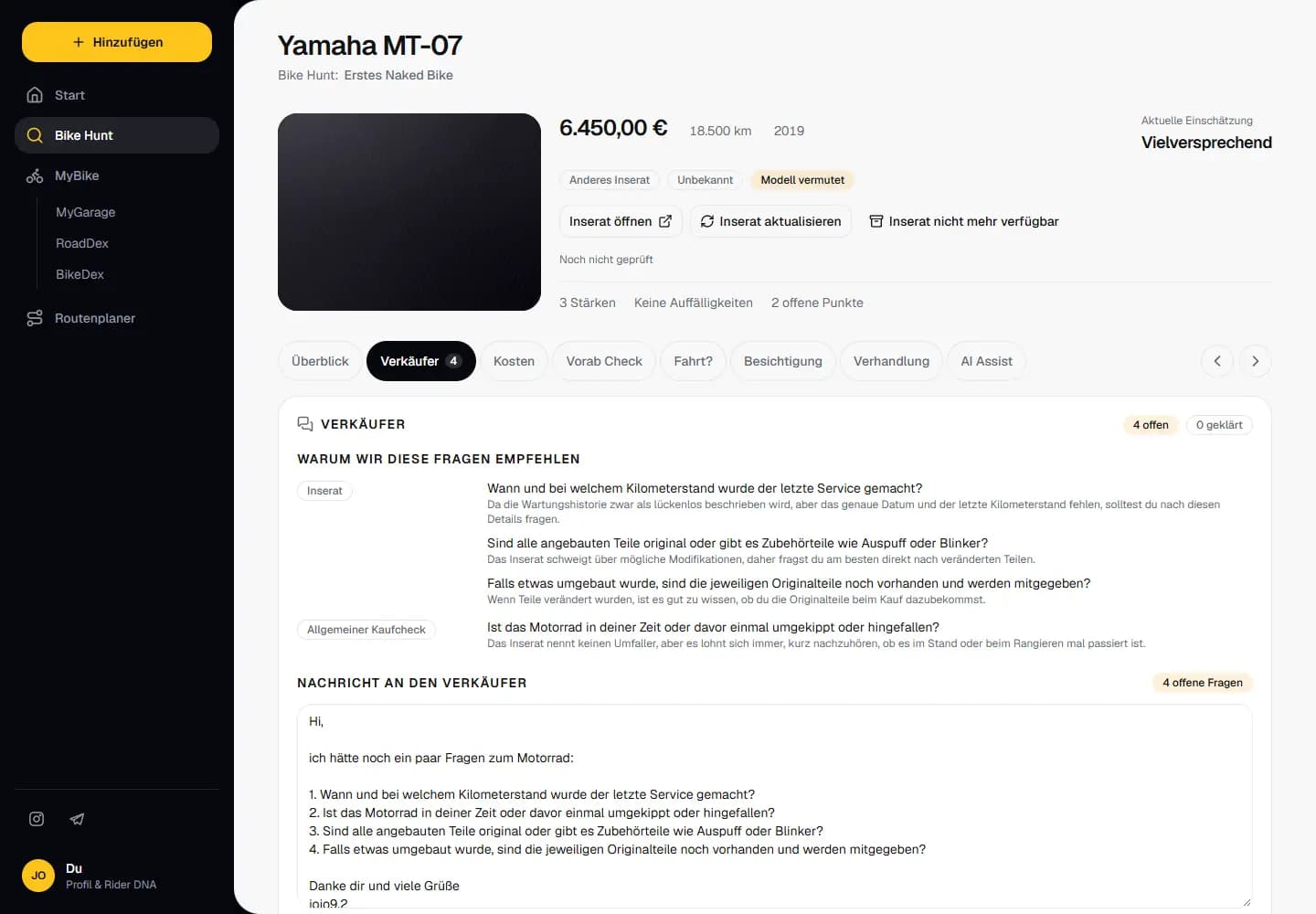 Verkäuferfragen zu einem Kandidaten mit beantworteten und offenen Fragen